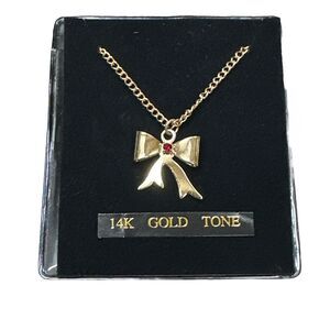 14K Gold Tone Bow Necklace Red Center Stone Costume Jewelry Vintage Inspired